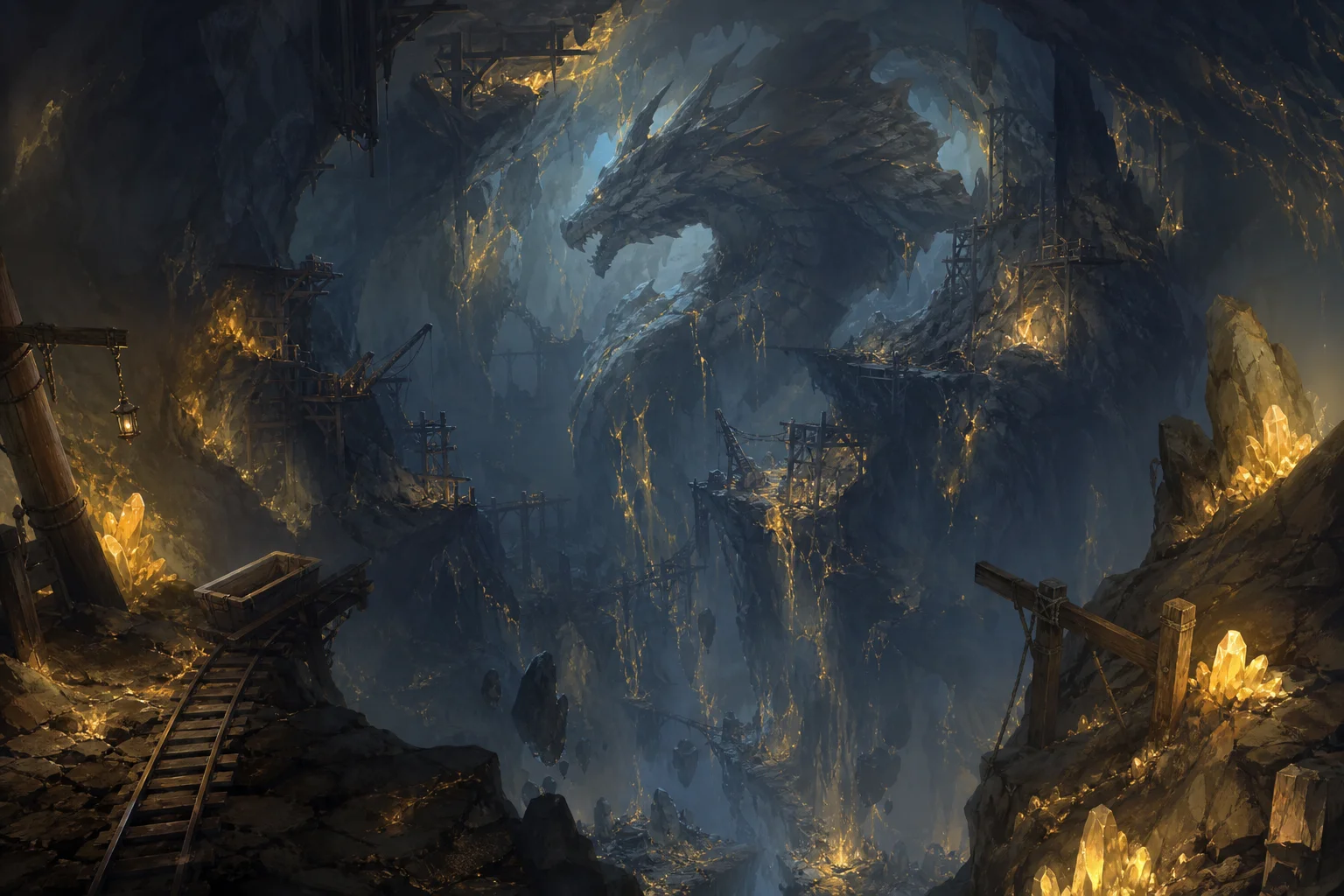 Deep underground chasm with mine tunnels, crystal veins, and a dragon silhouette beneath a mountain seal