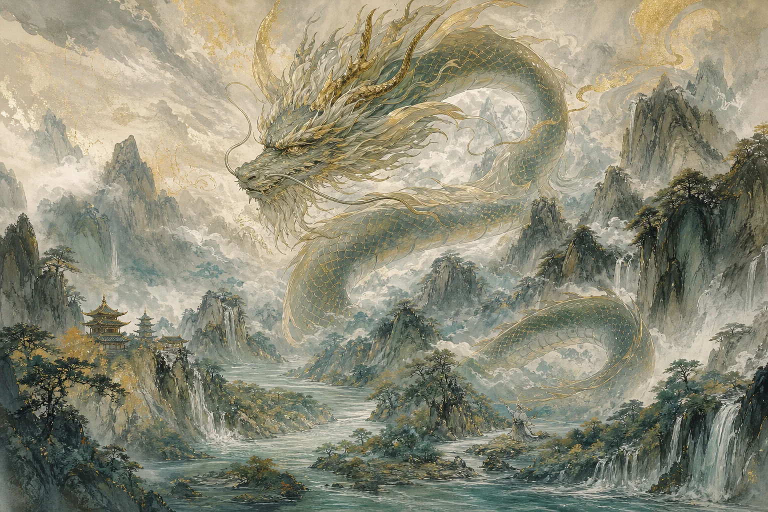 Chinese dragon motif coiled around mountain peaks and river mist — dragon kings as landscape powers