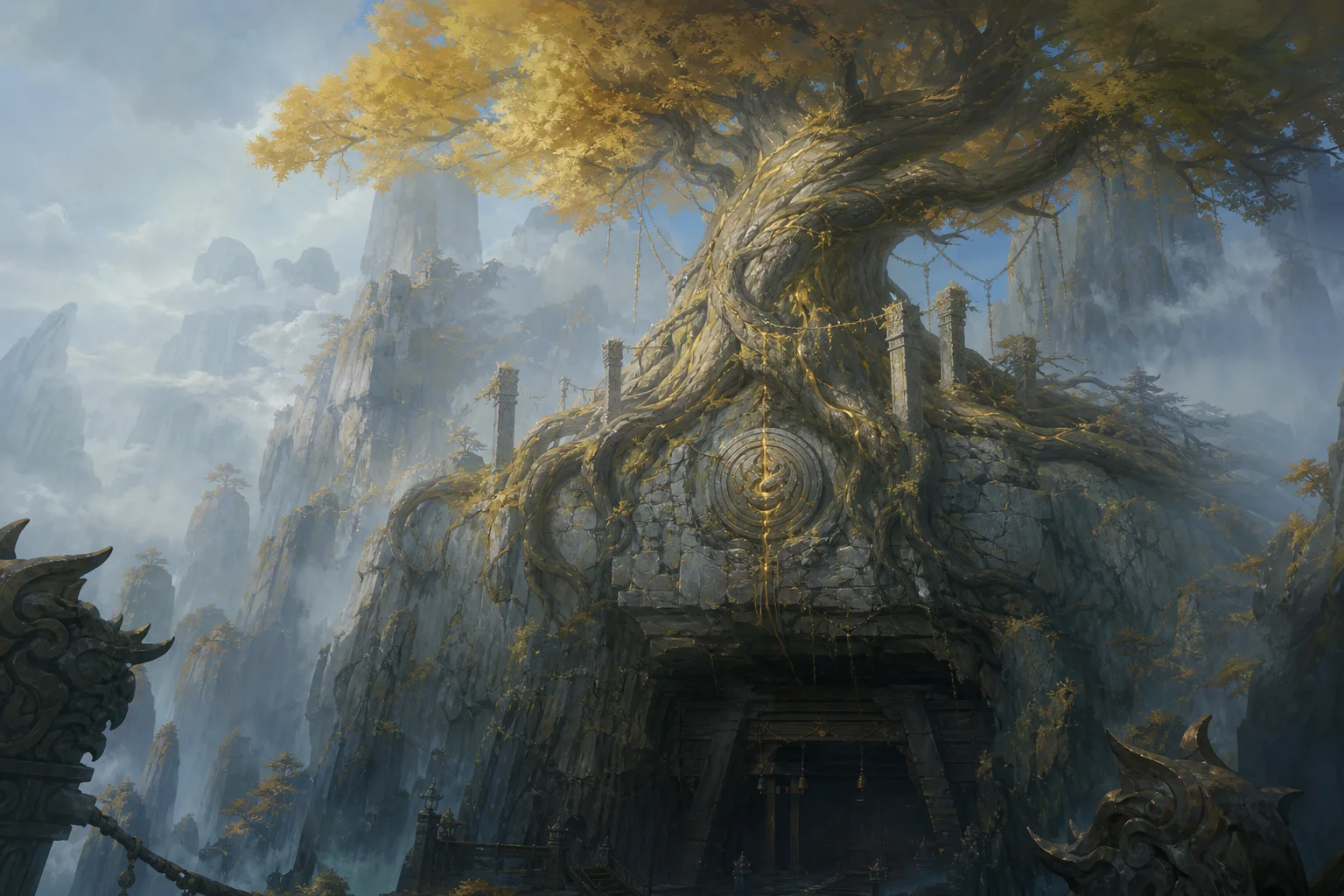 Ancient tree on a mountain ridge above mine tunnels — dragon-quelling seal over the deep earth