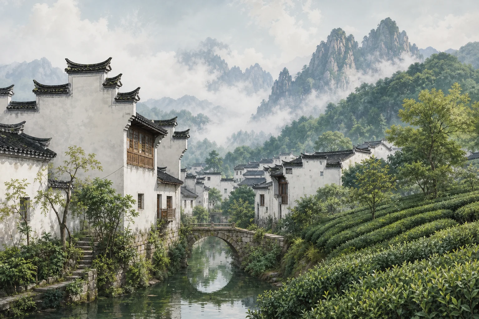 White-walled black-tiled Chinese village with horse-head gables beside tea terraces and misty hills