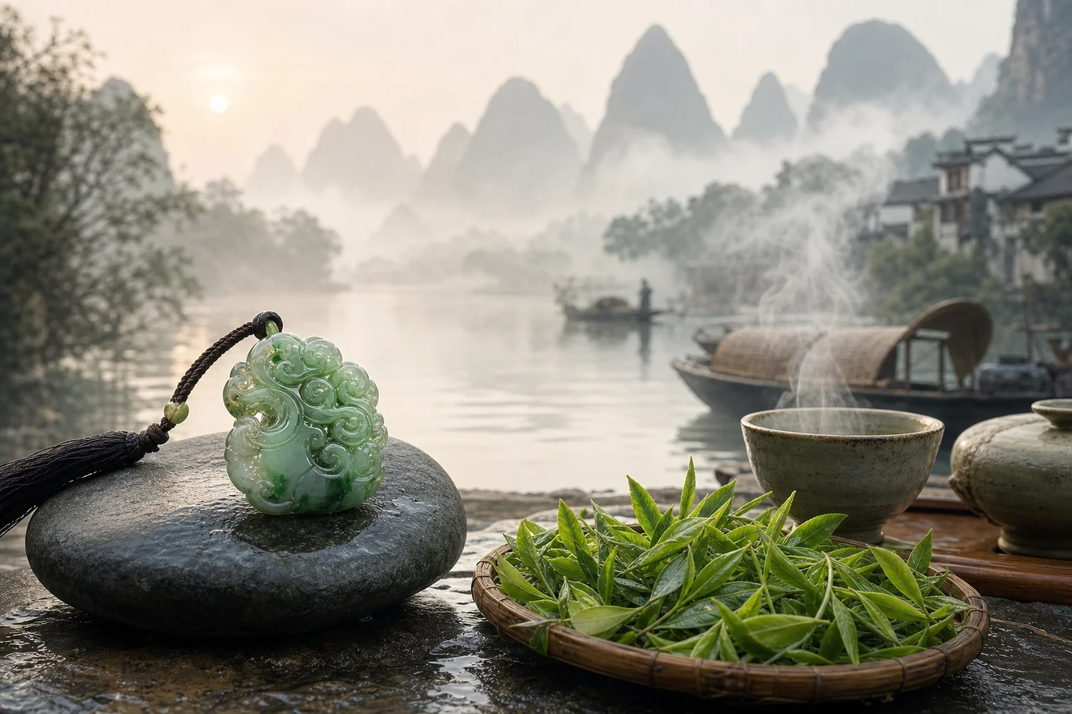 Jade ornament near tea leaves and misty river — Chenyu Vale jade and tea traditions
