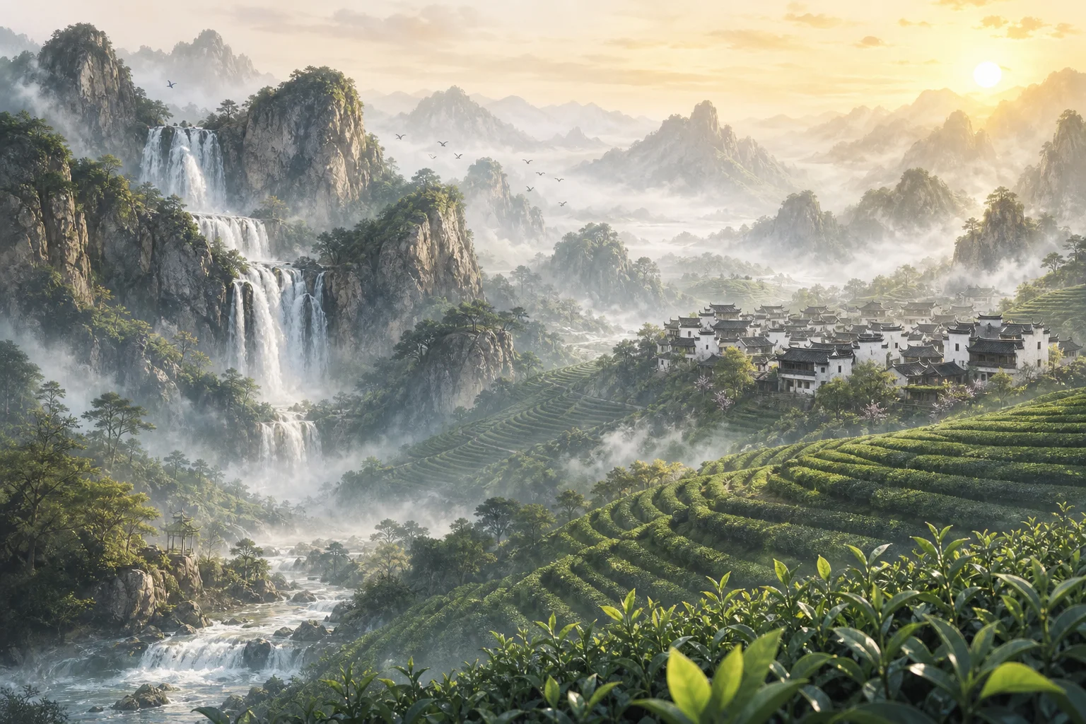 Misty tea terraces and cascading waterfalls in a southern Chinese valley with white-walled village below