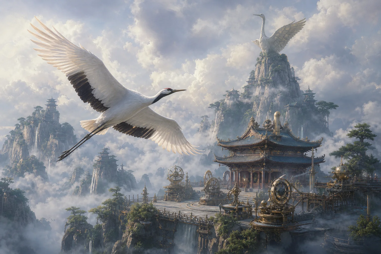 Crane adeptus on misty Jueyun Karst peak — Cloud Retainer's mountain domain
