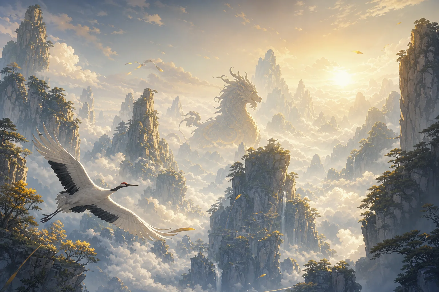 Misty mountain peaks with qilin and crane motifs — half-immortals between harbor and hermitage