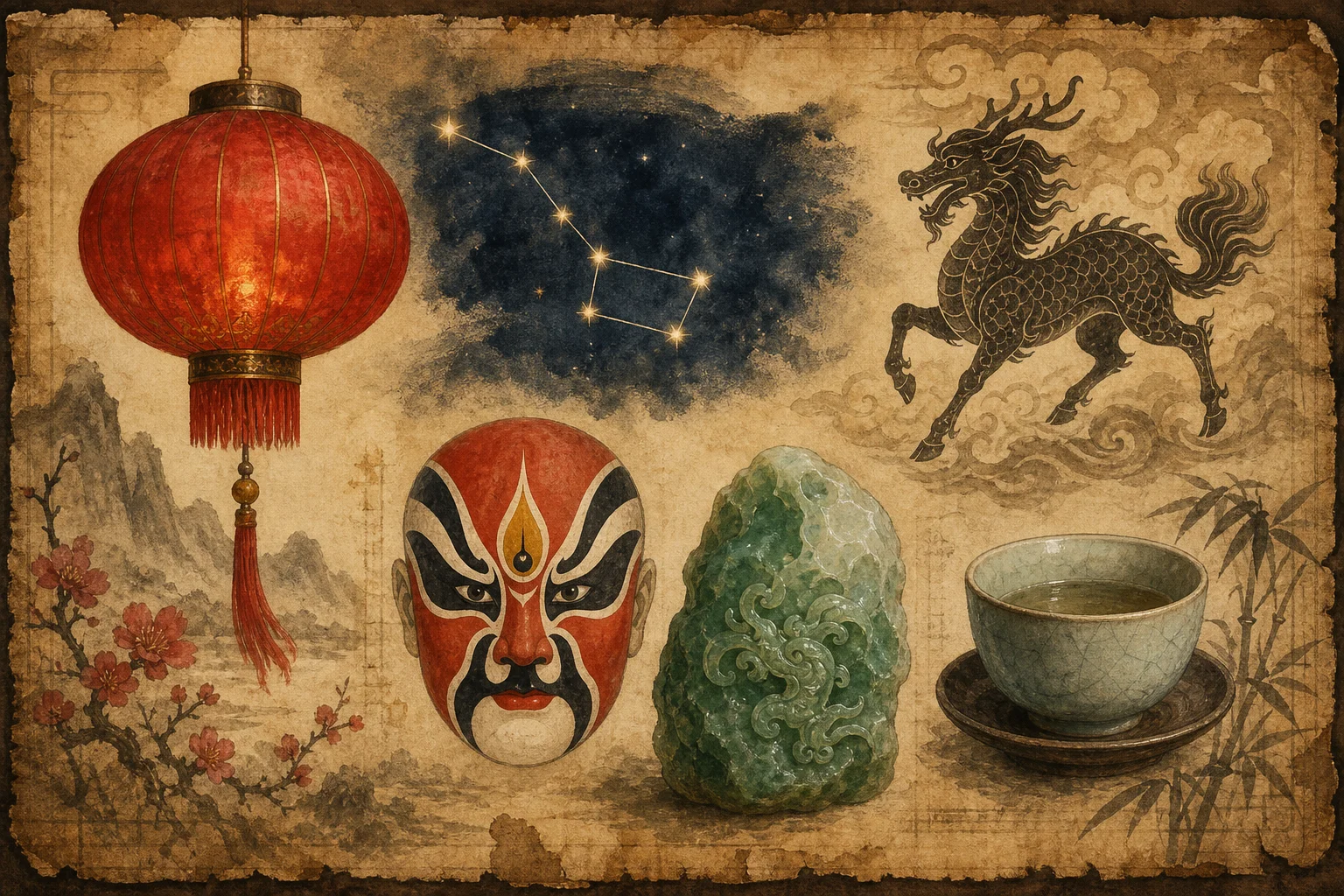 Chinese cultural symbols — lanterns, stars, qilin, opera, jade — behind Liyue vocabulary