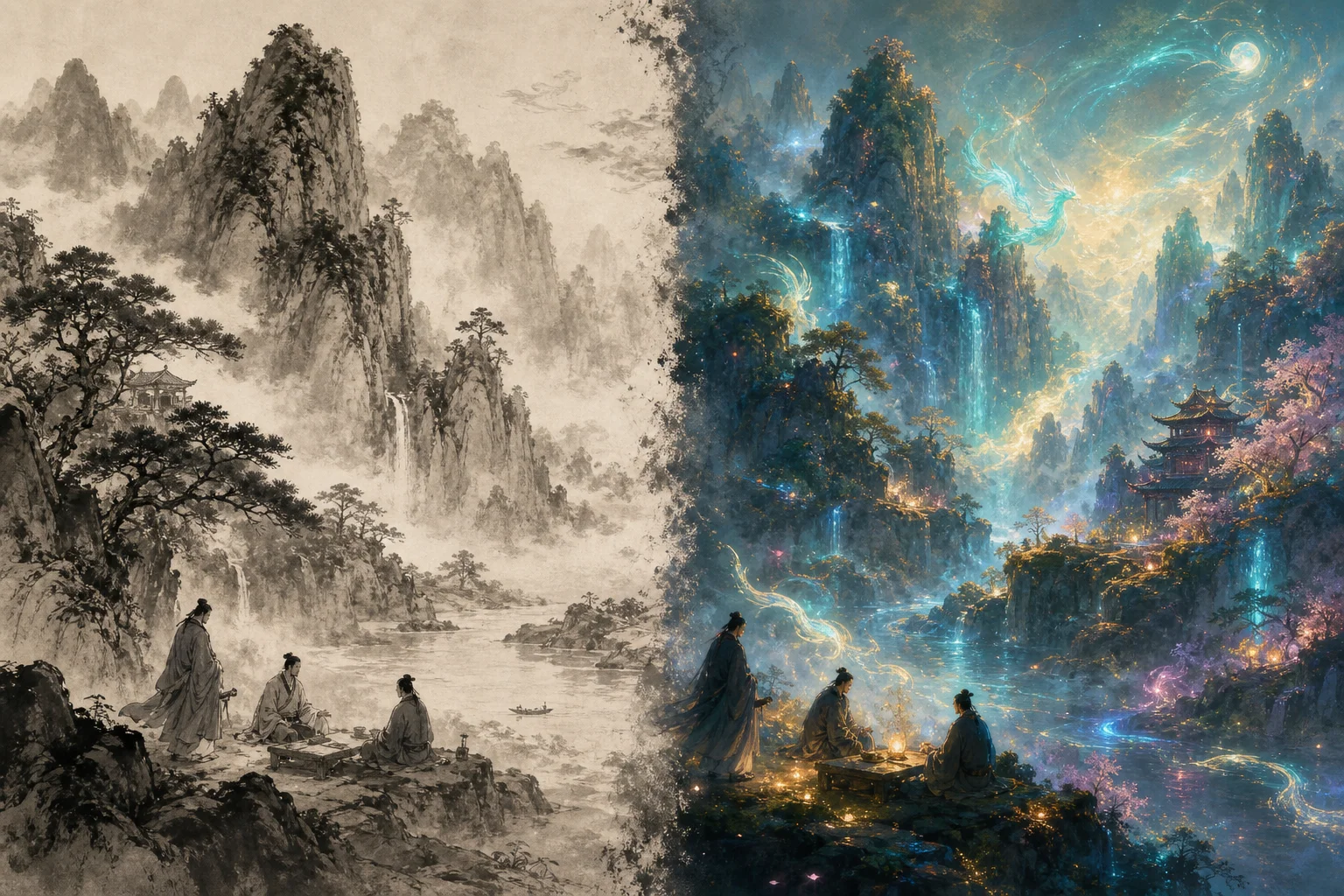 Classical ink painting blending into fantasy reimagining — inspired, not copied