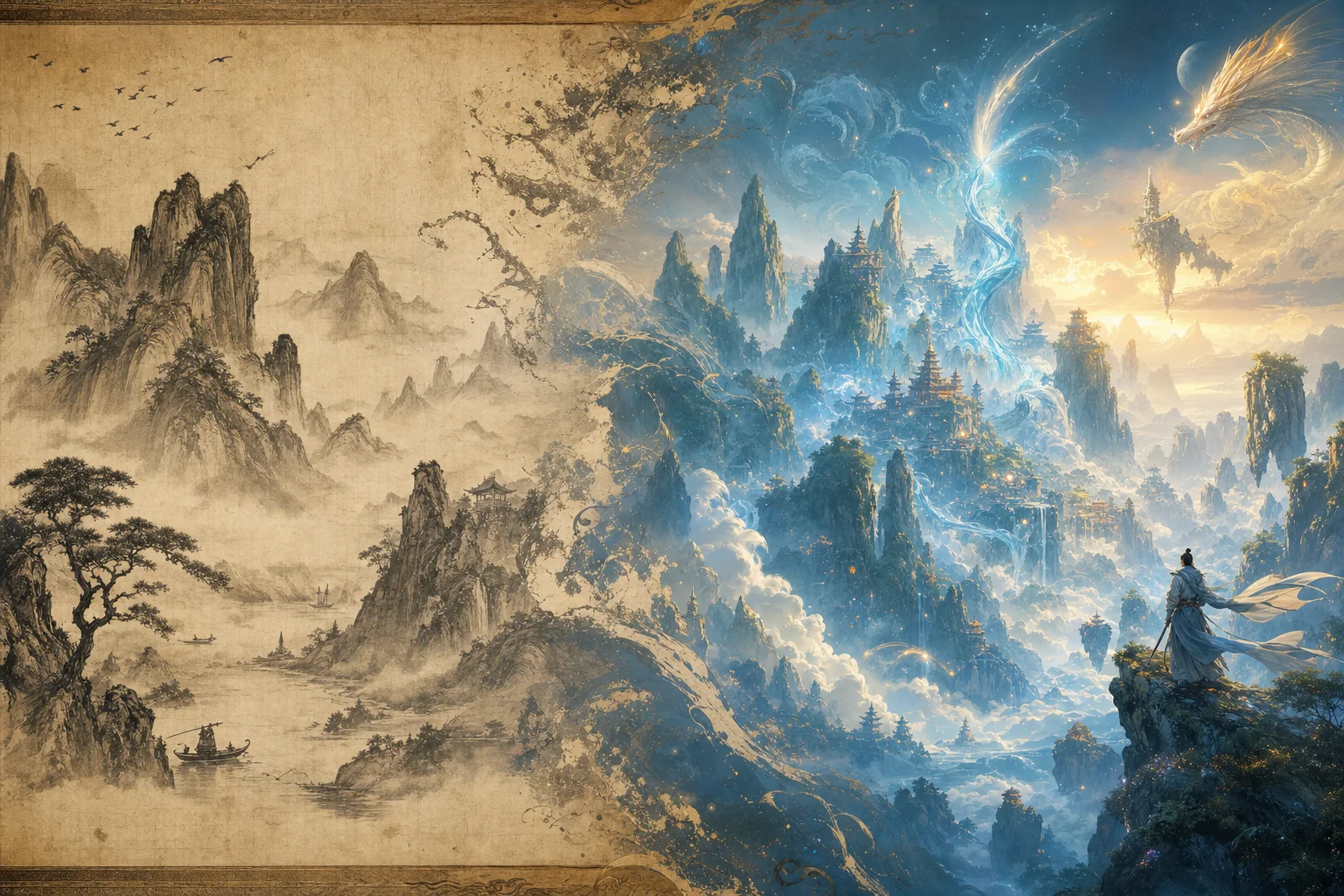 Classical Chinese scroll painting blending into fantasy landscape — tradition meets reimagining