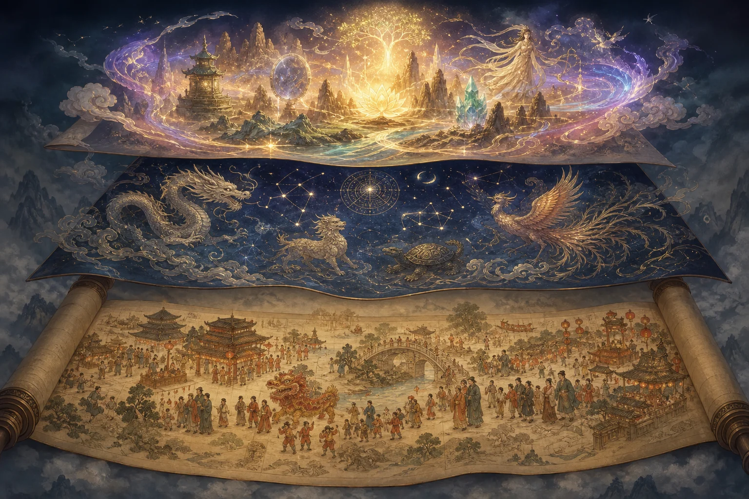 Three layers — documented tradition, mythic motifs, and game fiction