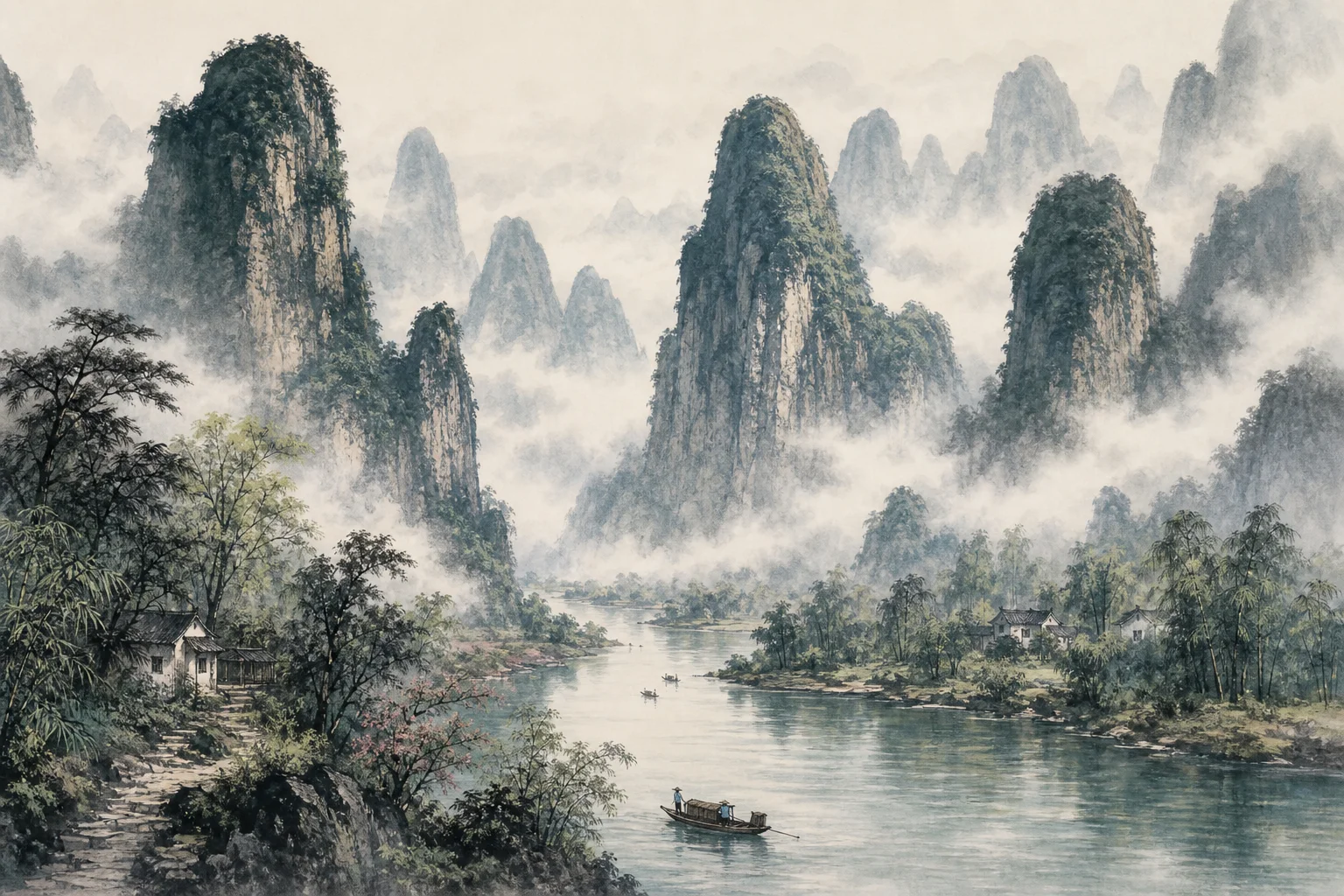 Misty karst peaks and river bend in shanshui mountain-water painting style