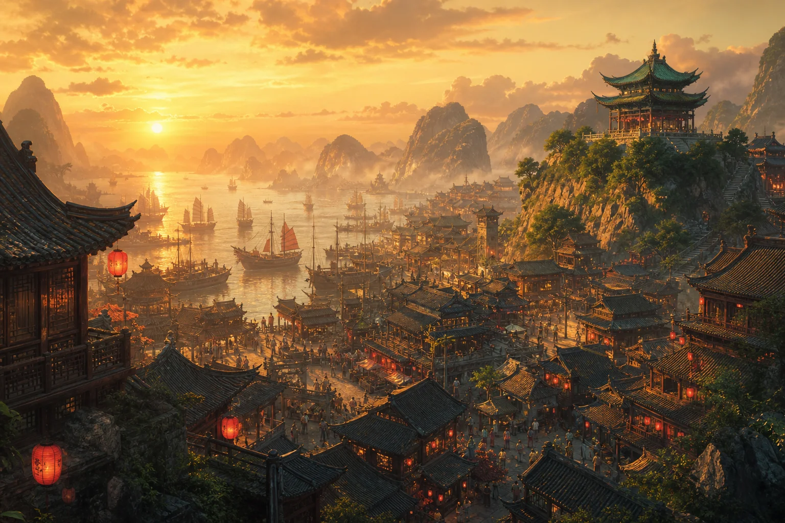 Stacked Chinese merchant harbor with red lanterns, jade pavilions, and misty karst mountains beyond