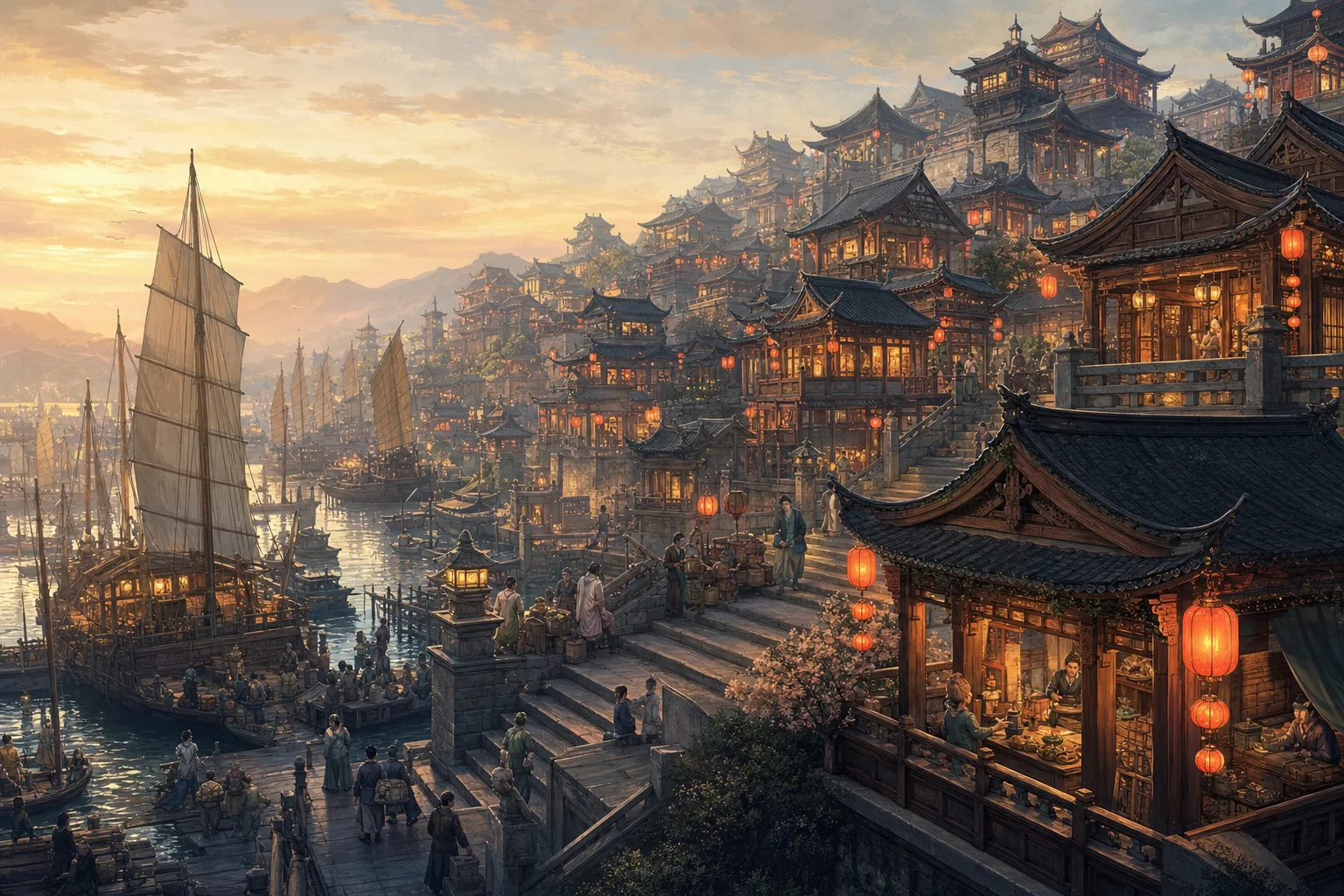 Lantern-lit Chinese merchant terraces climbing from harbor docks toward hilltop pavilions