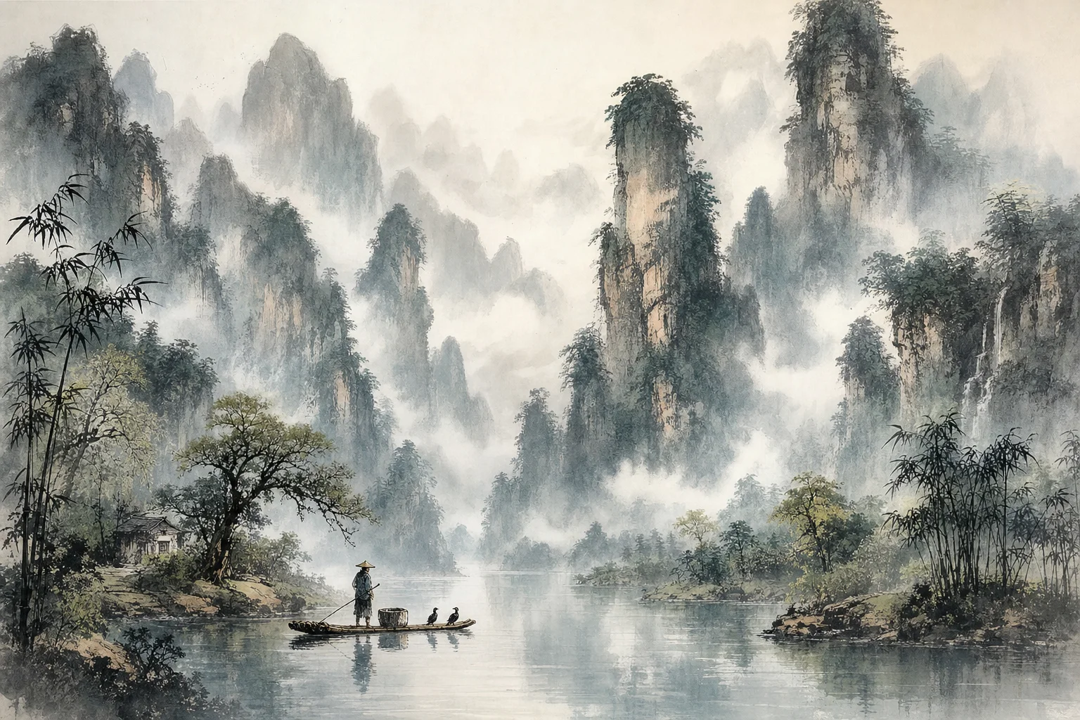 Misty karst peaks and river — the shanshui landscape aesthetic behind Liyue