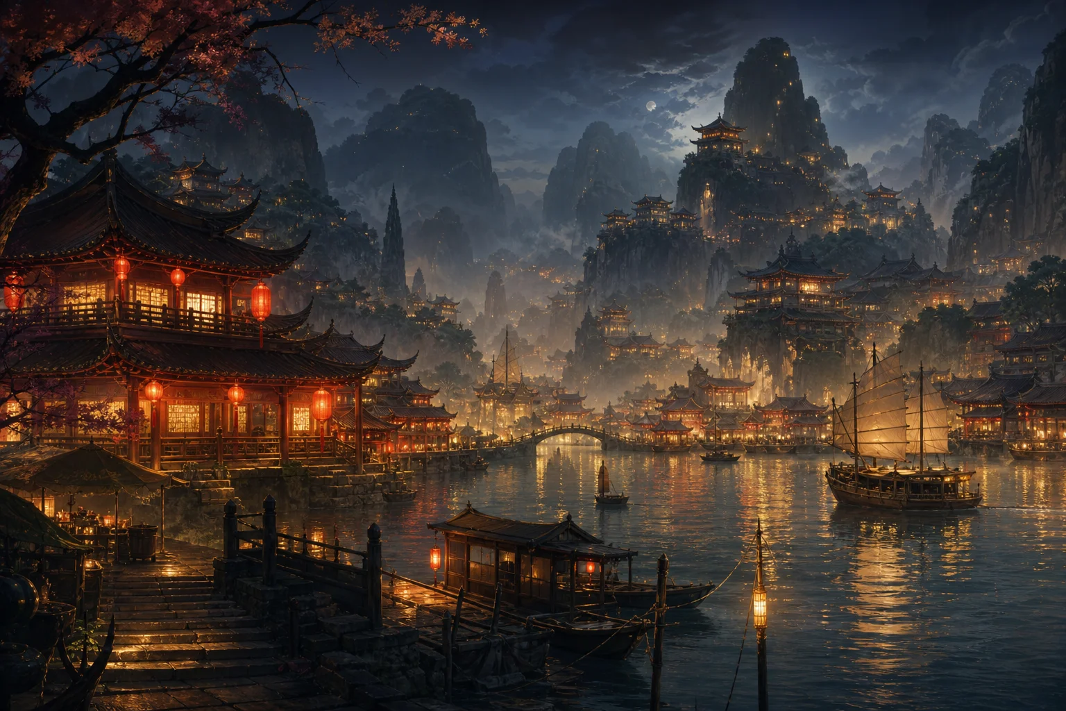 Fantasy Chinese harbor at night with lanterns and misty mountains — Liyue's visual world