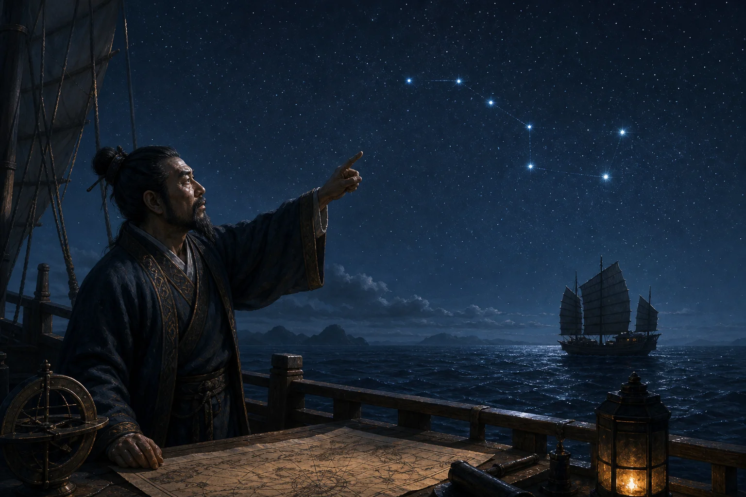 Captain navigating by stars at sea — Beidou and the Dipper as wayfinding symbols