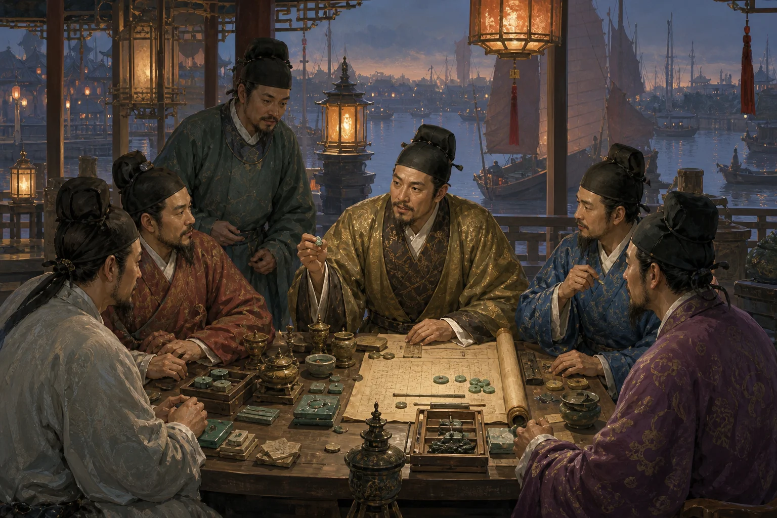 Merchant officials meeting in a lantern-lit harbor chamber — Liyue trade governance