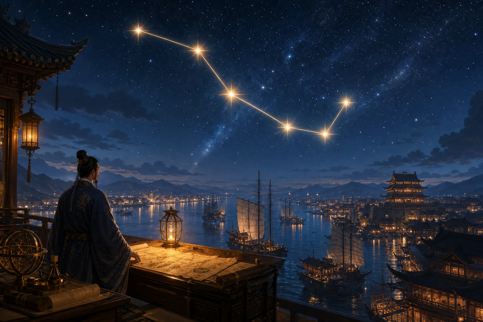 The Big Dipper constellation over Liyue Harbor — seven stars governing trade and policy