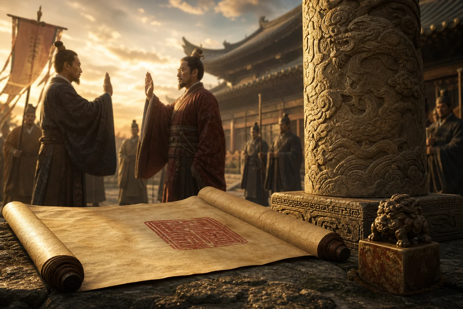 Ancient contract scroll with seal and stone pillar — sacred oaths in Liyue