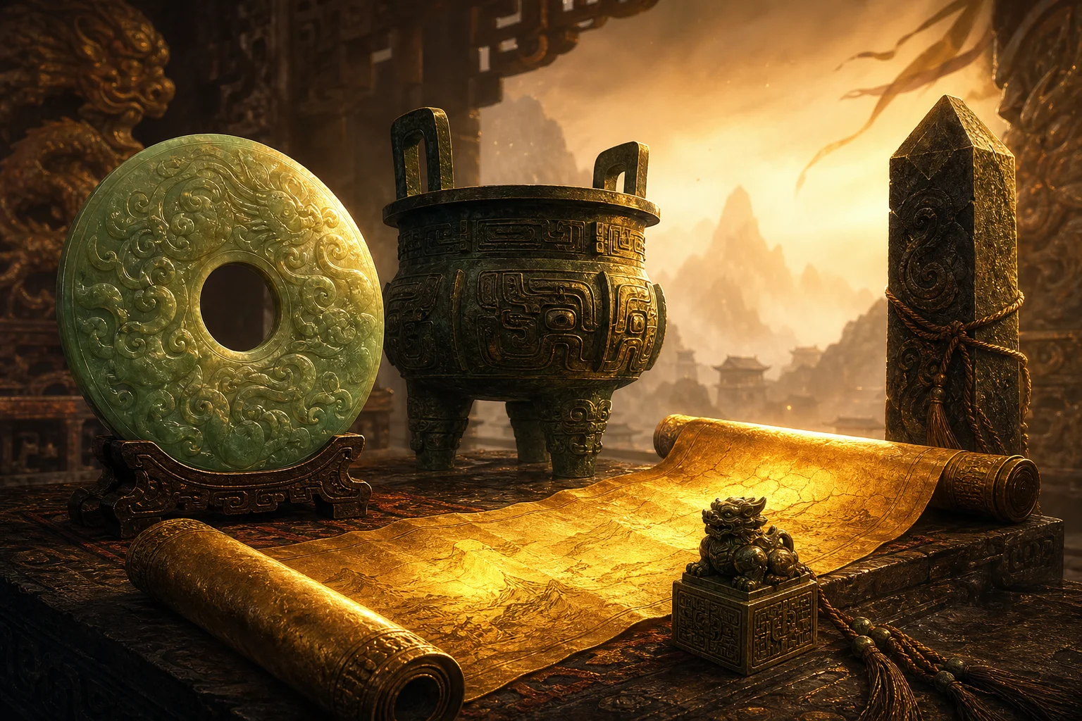 Stone pillar, jade seal, and golden contract scroll — the Geo Archon's realm of earth and oaths