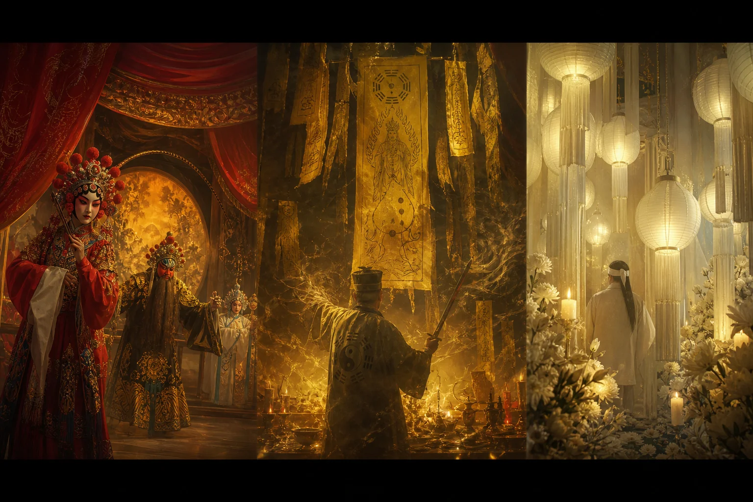 Chinese opera stage, exorcist talismans, and funeral lanterns — three faces of Liyue ritual culture