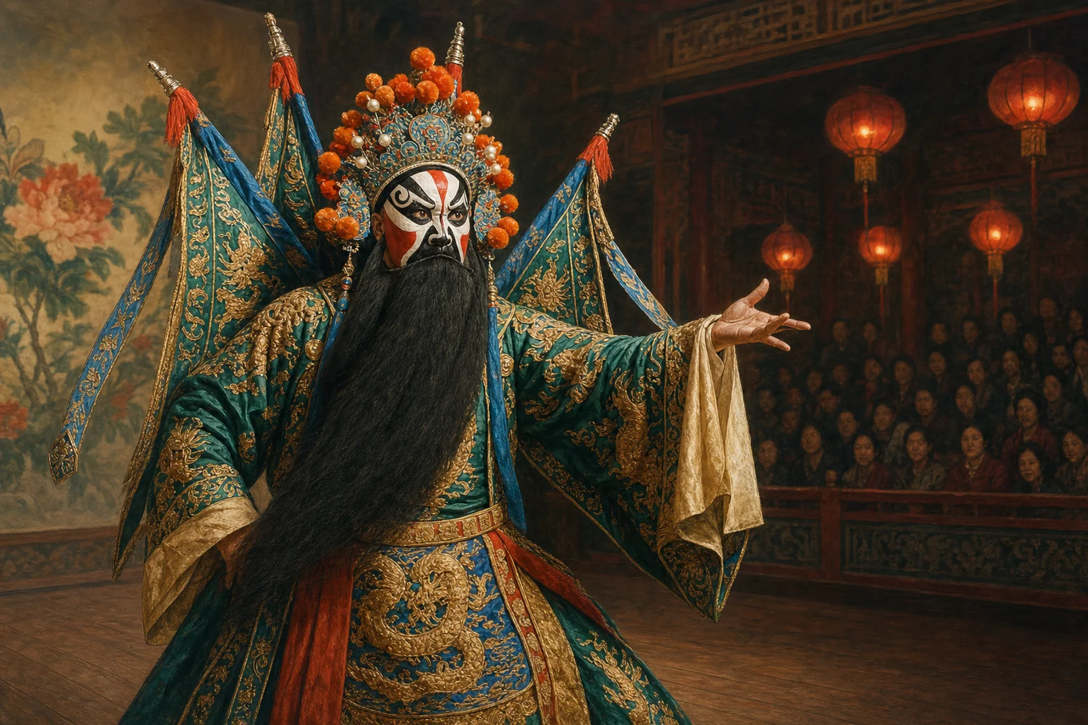 Traditional Chinese opera stage with elaborate costume and painted face
