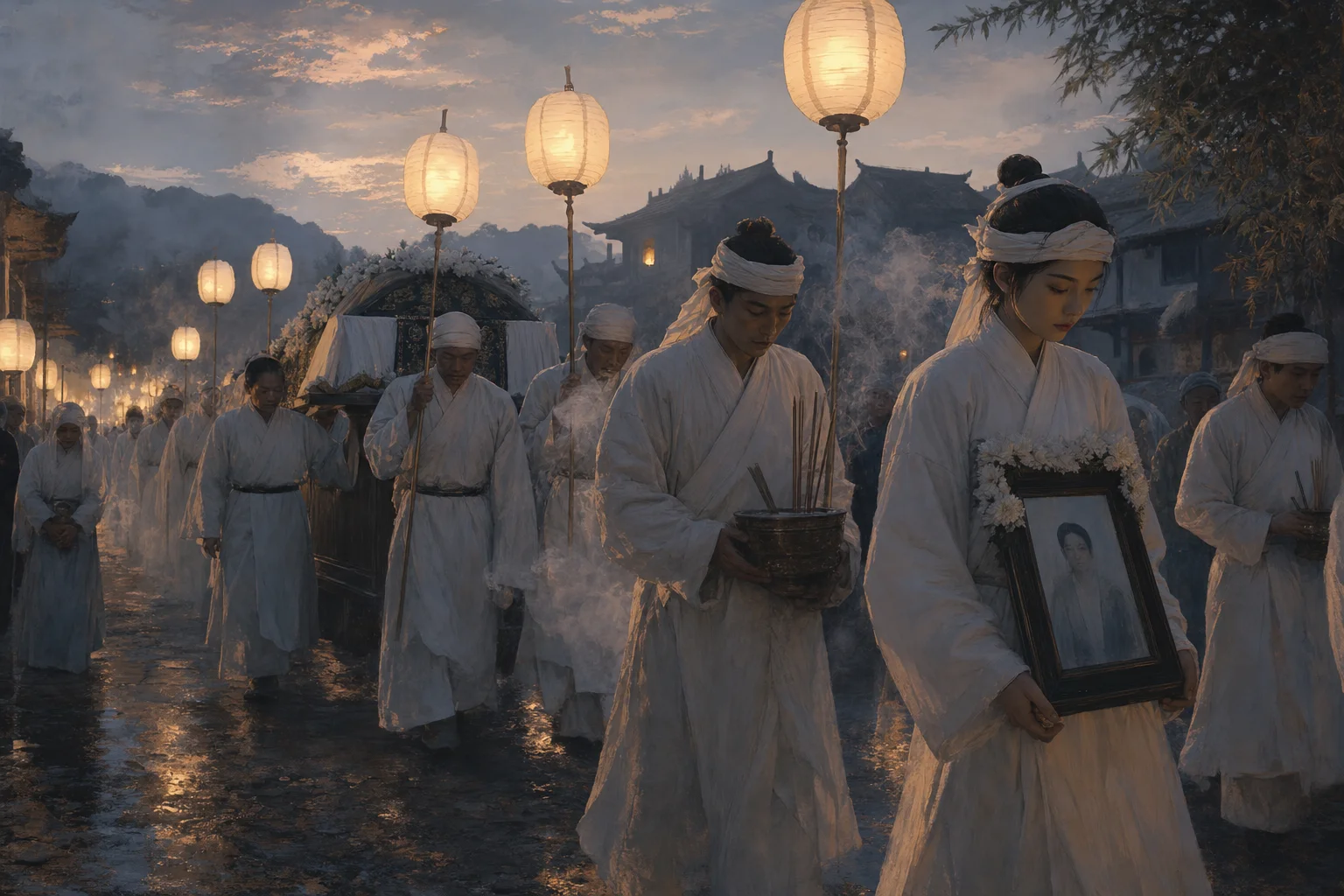 Funeral procession with white lanterns and incense — the journey to the other shore