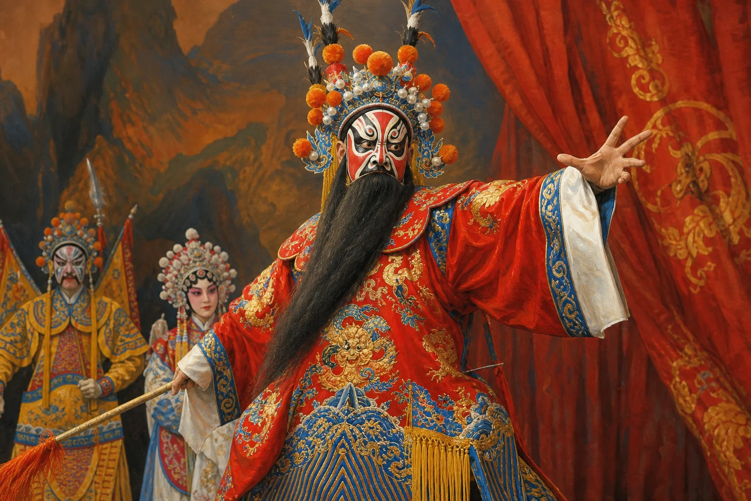 Traditional Chinese opera stage with elaborate costume and face paint