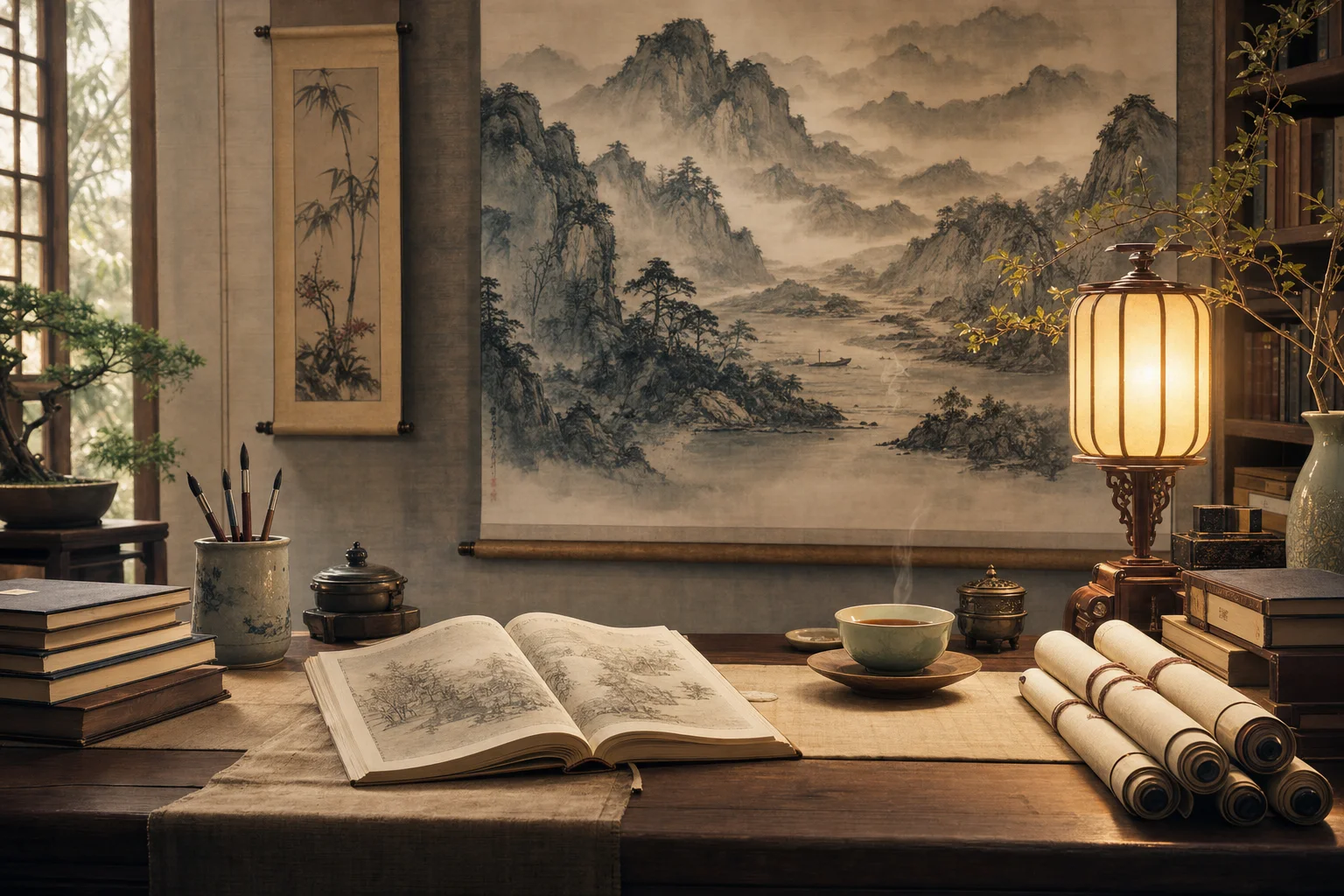 Books, tea, and scrolls on a study desk — resources for going deeper into Liyue culture