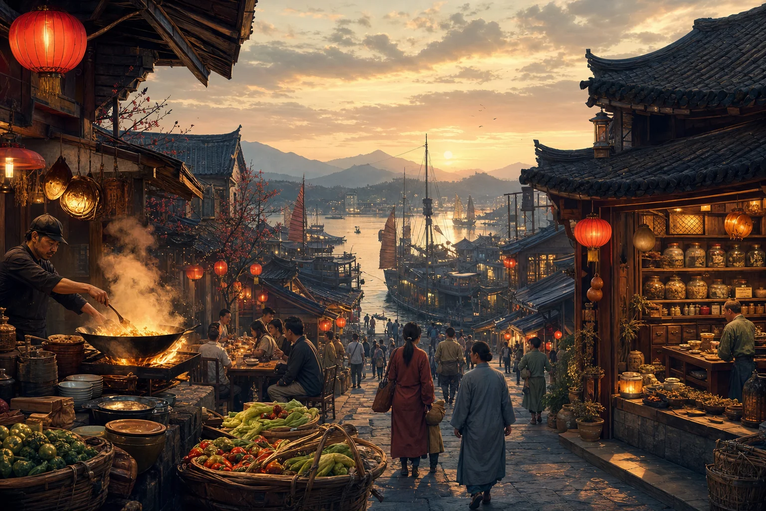 Lantern-lit Liyue harbor street with restaurant steam, herbal pharmacy sign, and neighbors going about daily business