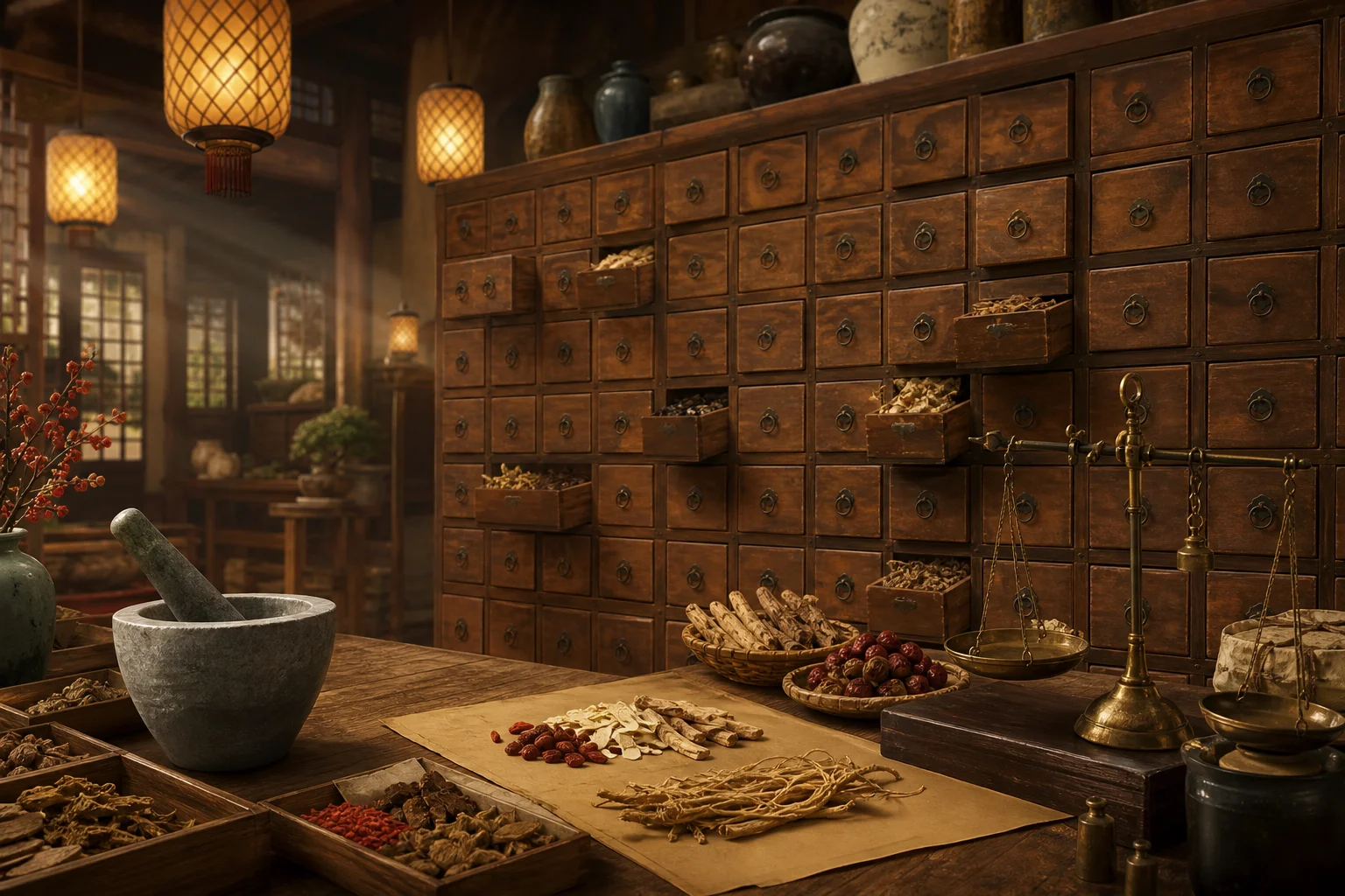 Traditional Chinese herbal pharmacy with dried herbs in drawers, mortar, and warm lantern light