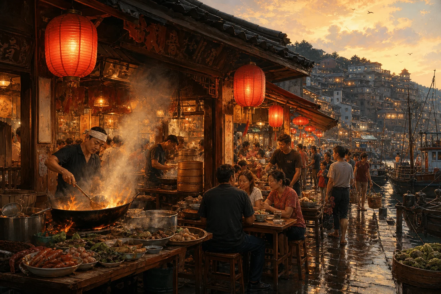 Chinese harbor restaurant with wok steam, red lanterns, and busy street life