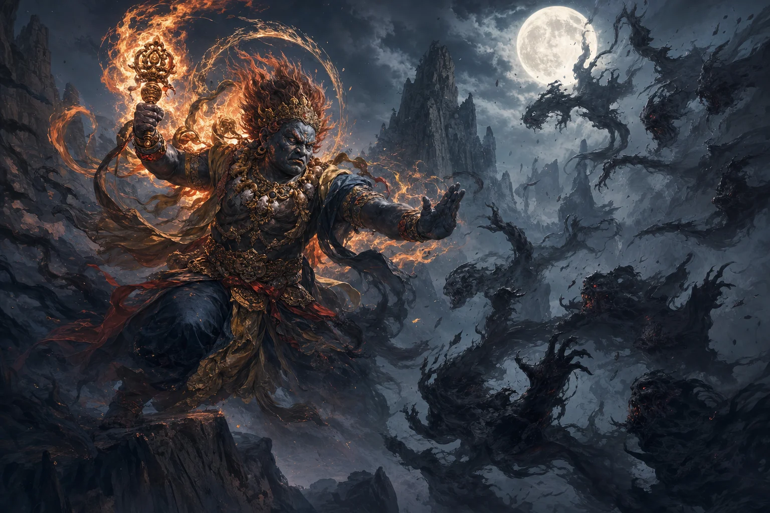 Guardian fighting shadowy corruption on a cliff under moonlight — demon quelling at Liyue's border