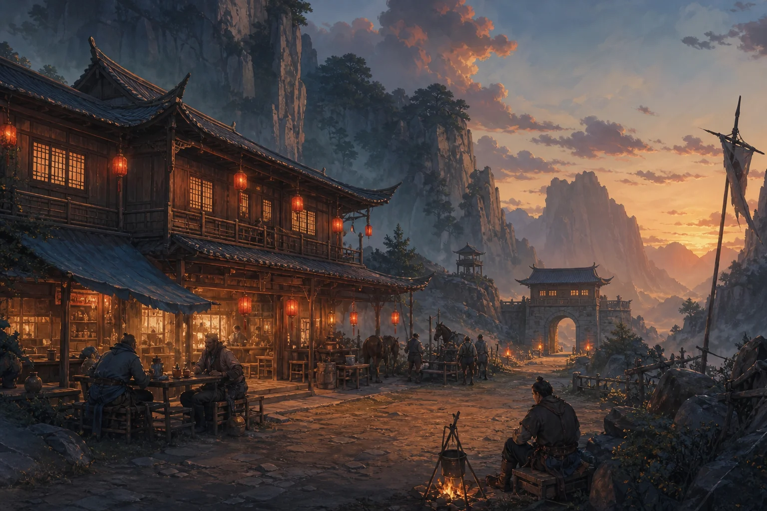 Lantern-lit inn on a mountain pass — Wangshu Inn between civilization and the wild