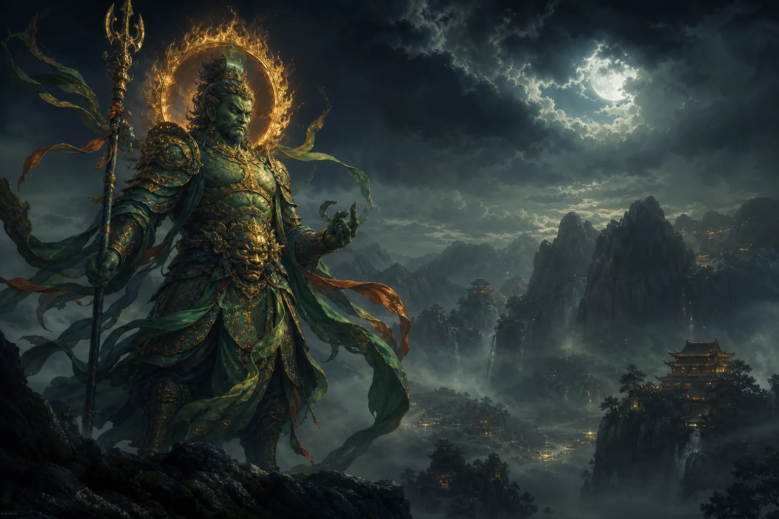 A lone guardian spirit on a mountain pass at night — the yaksha watch over Liyue's borders
