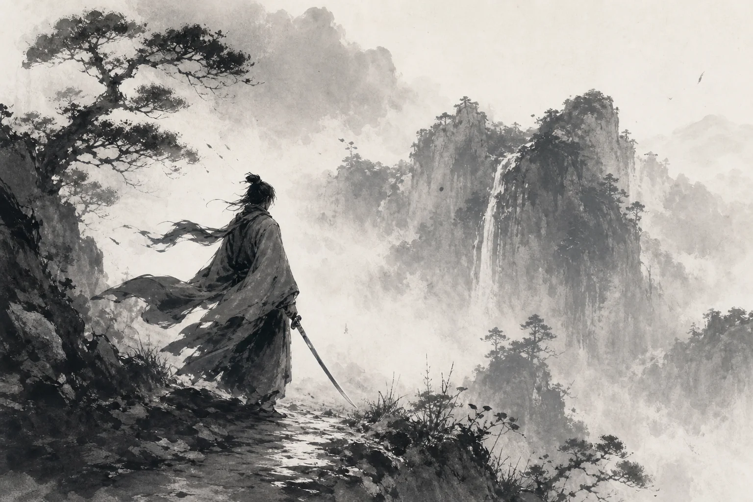 Ink-wash Rainblood era aesthetic — lone swordsman in monochrome brushwork, evoking the original indie games