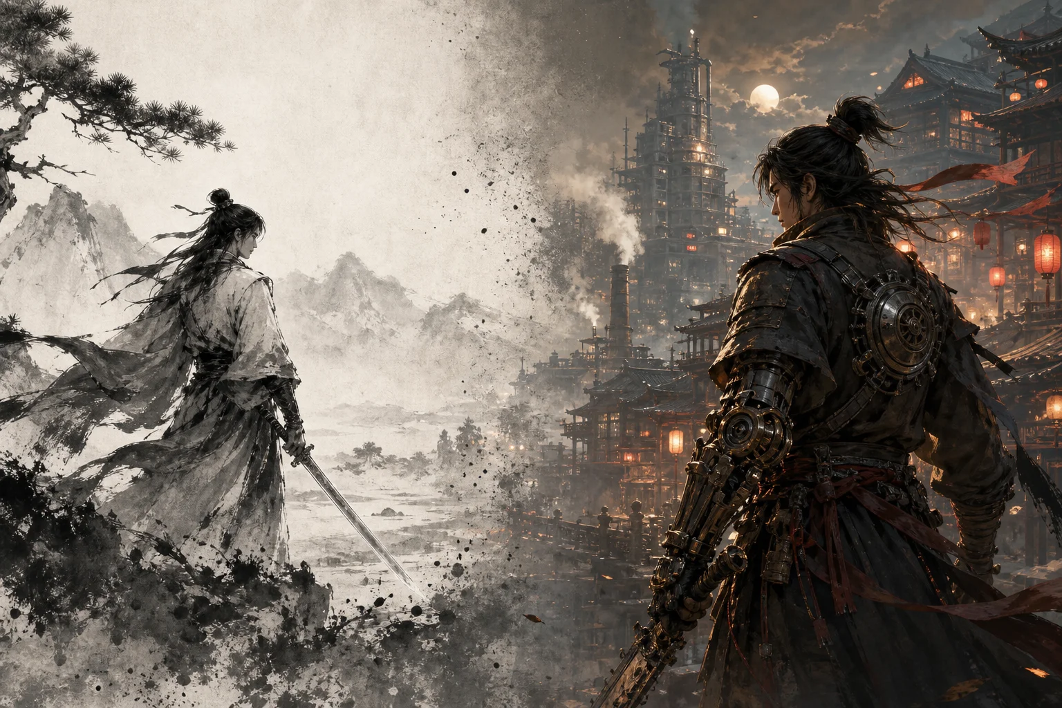 Visual timeline — ink-wash Rainblood era art fading into modern Phantom Blade Zero kungfupunk action