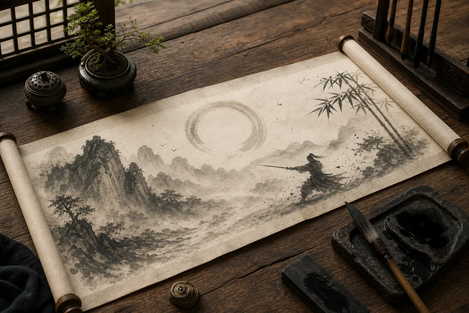 An open reference scroll — Phantom Blade Zero glossary of jianghu and kungfupunk terms