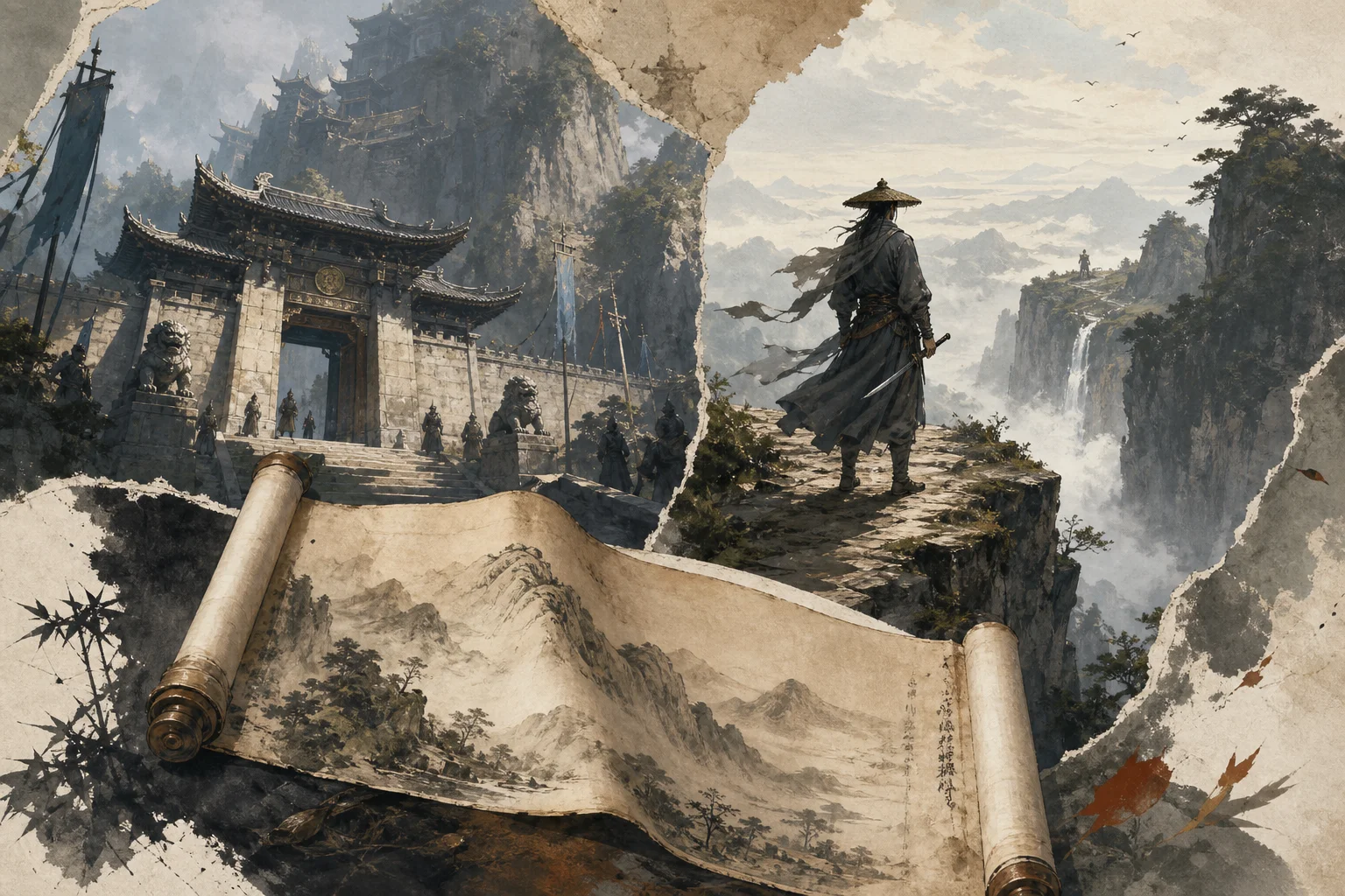 Martial sect gate, jianghu wanderer, and reference scroll — visual vocabulary for glossary entries