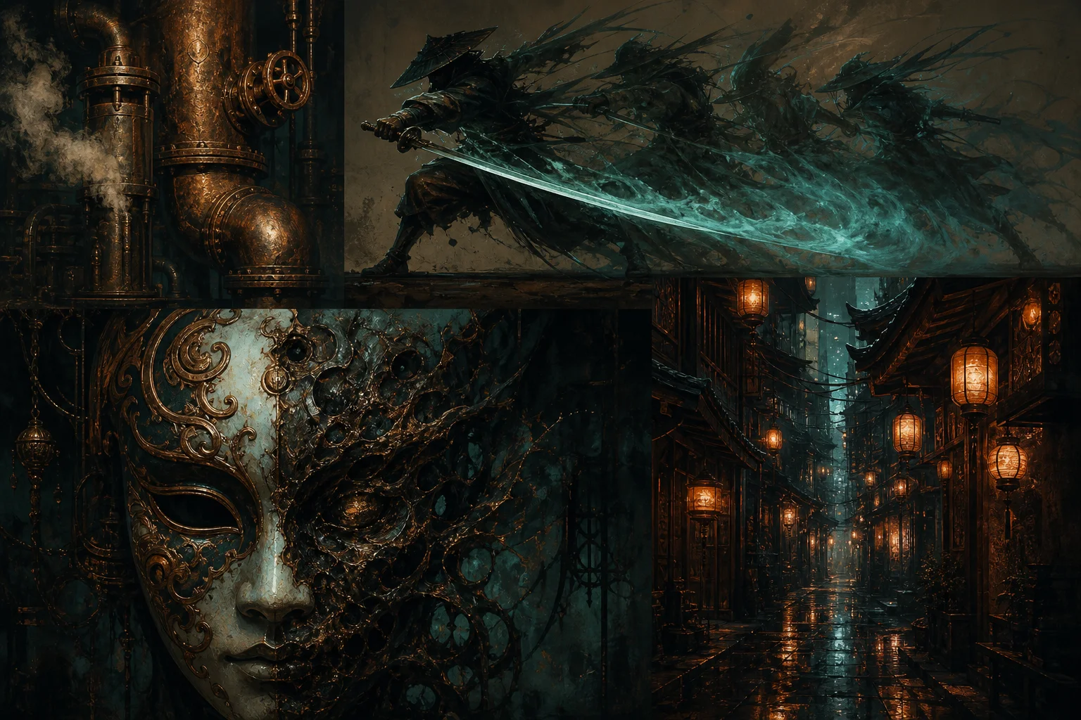 Steam pipes, phantom blade silhouette, and corrupted mask — kungfupunk vocabulary collage