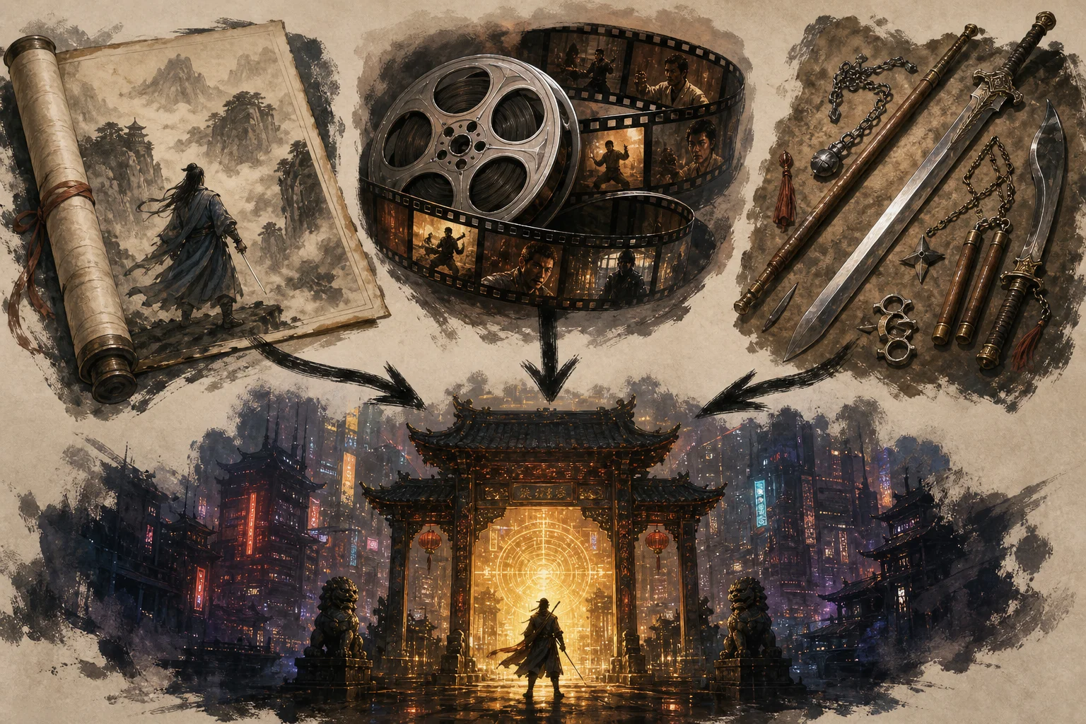 Concept map — wuxia novels, Hong Kong film reels, and martial weapon silhouettes feeding into Shadow Realm