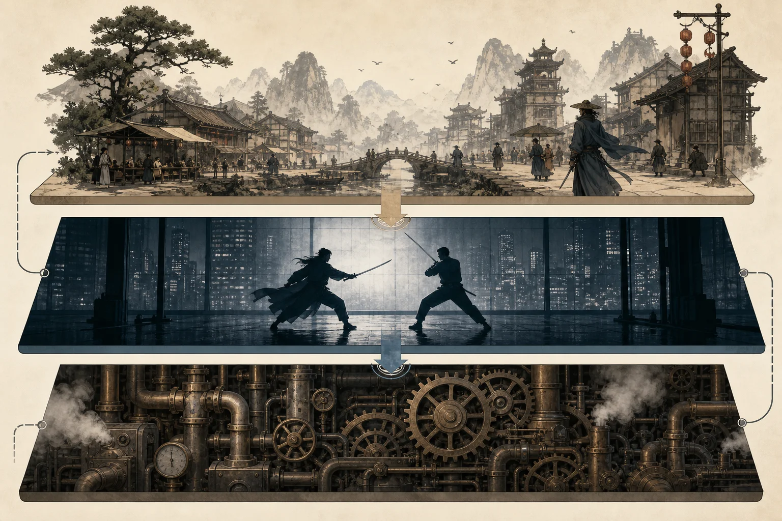 Three stacked layers — wuxia genre convention, martial and cinematic sources, and Phantom Blade Zero game fiction