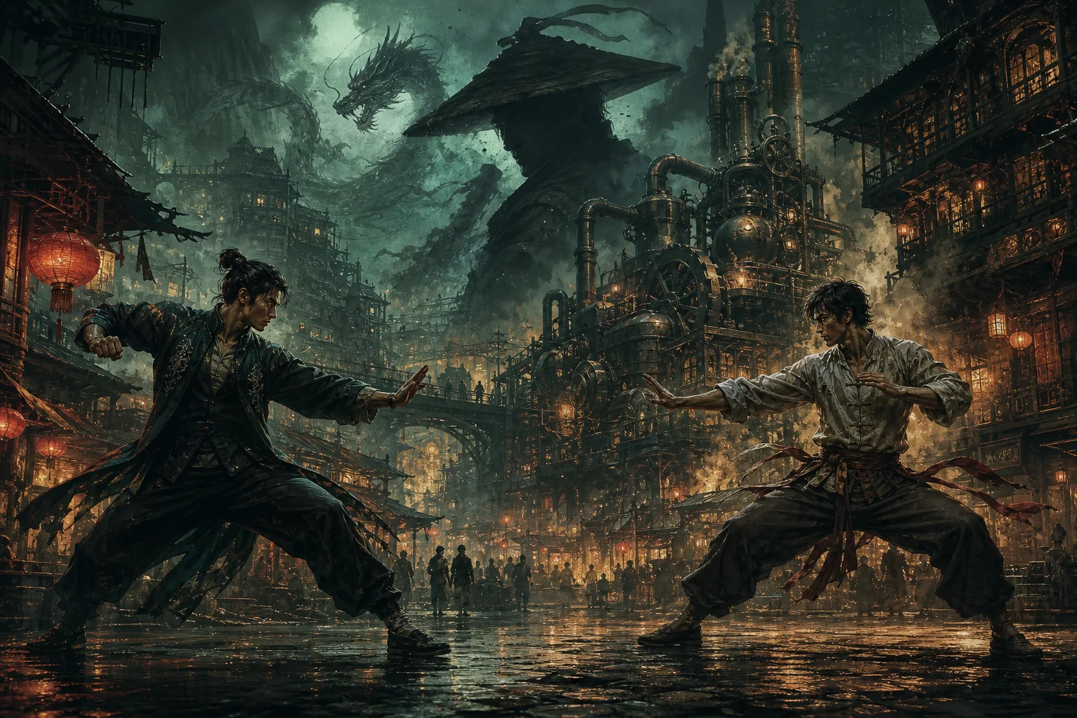 Layered kungfupunk concept — jianghu duel, Hong Kong cinema silhouette, and Shadow Realm machinery stacked in one frame