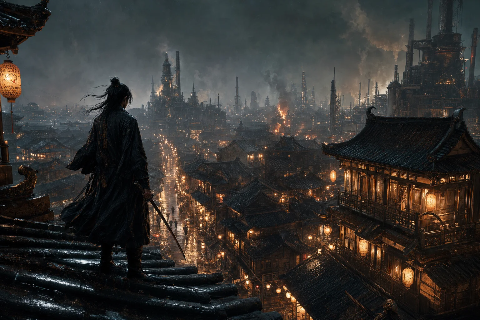 A lone swordsman on a rain-slick rooftop above lantern-lit alleys — steam rising from distant machinery beyond the old town