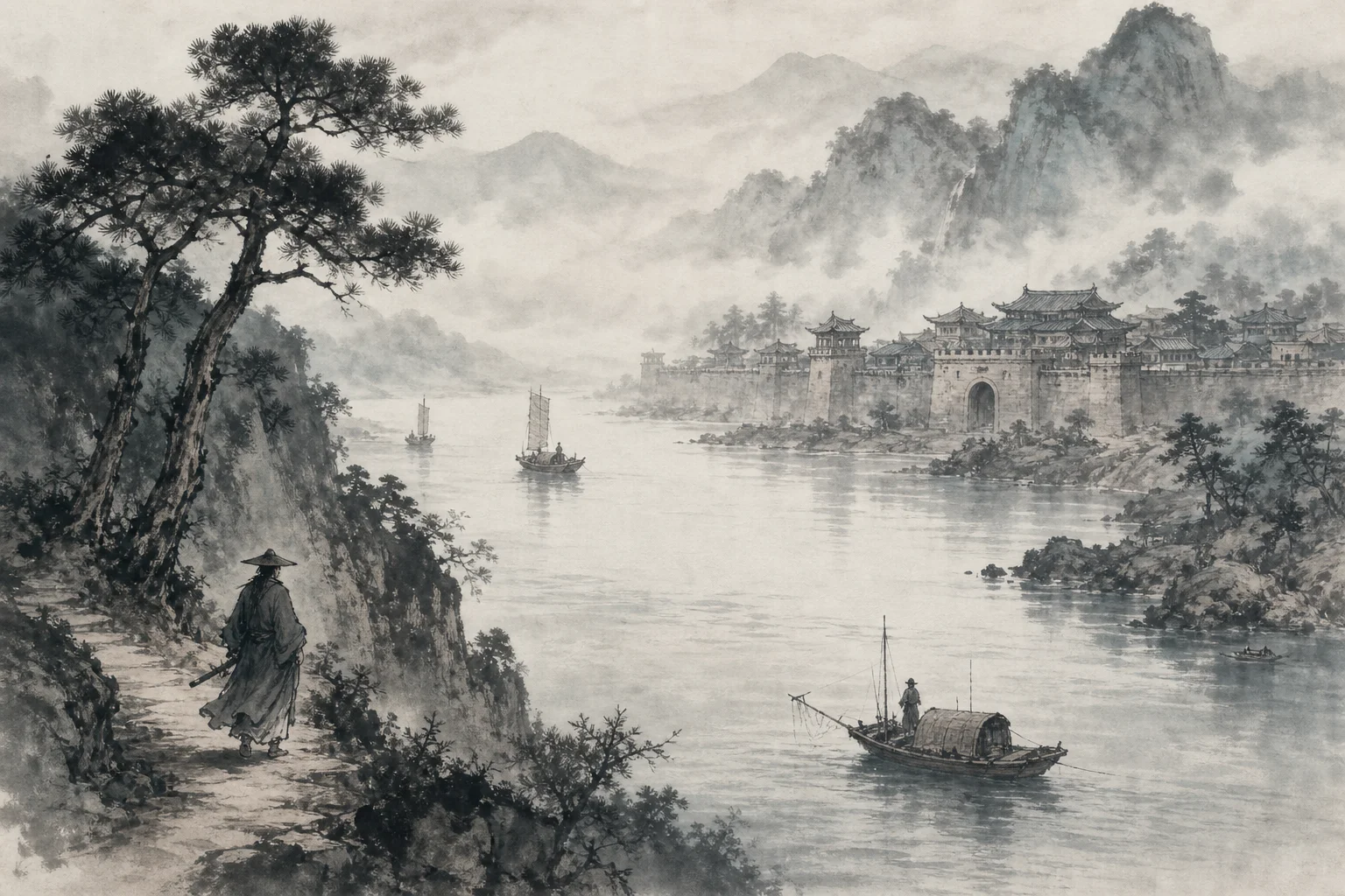 Ink-wash river landscape — fishing boats, cliff paths, and a distant town half-hidden in mist