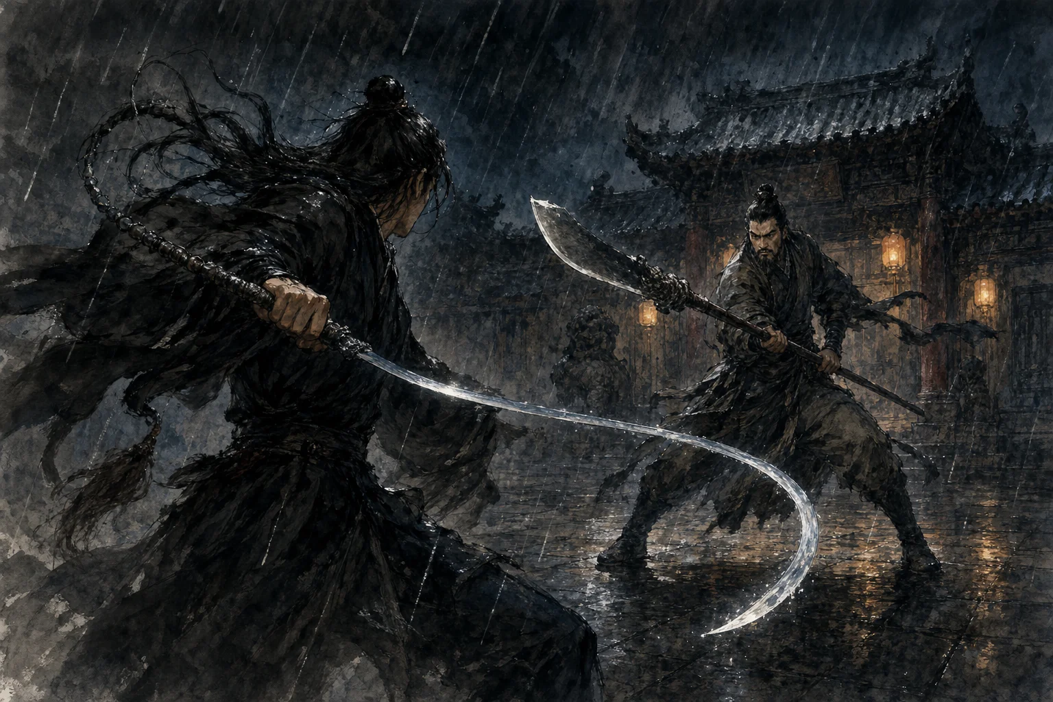 Two martial artists clash — one wielding a flexible soft sword, the other a heavy polearm — on a rain-darkened courtyard