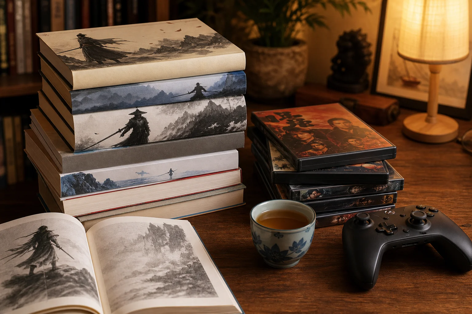 Stacked wuxia novels, Hong Kong martial arts film reels, and a game screen — further reading for Phantom Blade Zero fans