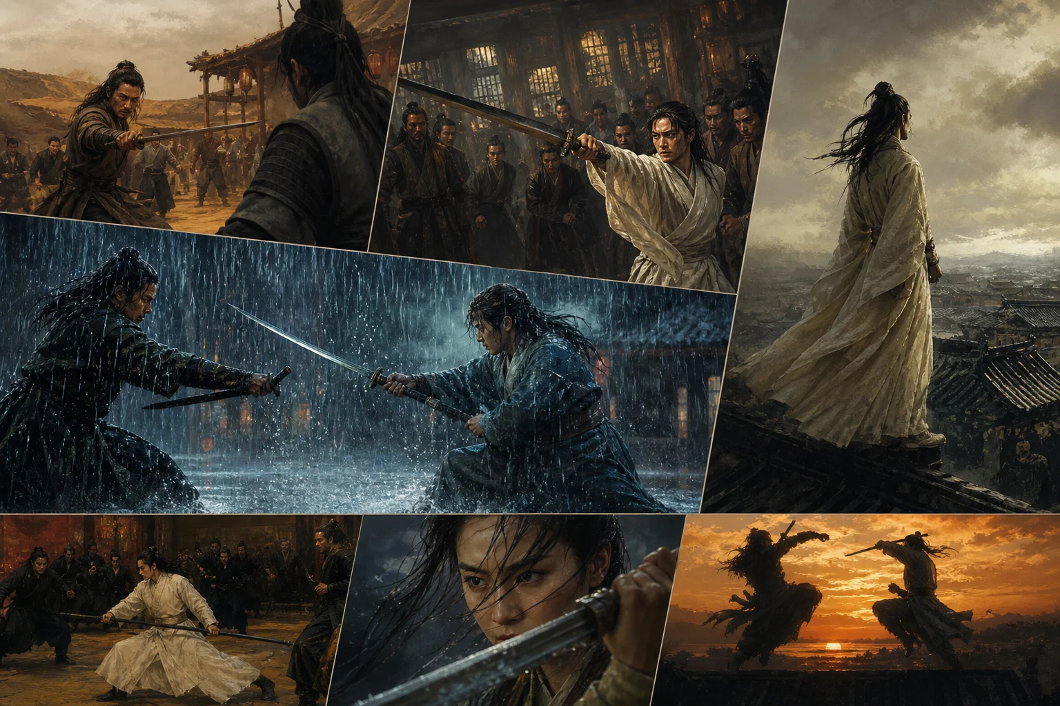 Hong Kong martial arts cinema mood board — desert inn, rain duel, and silk-robed sword fighters