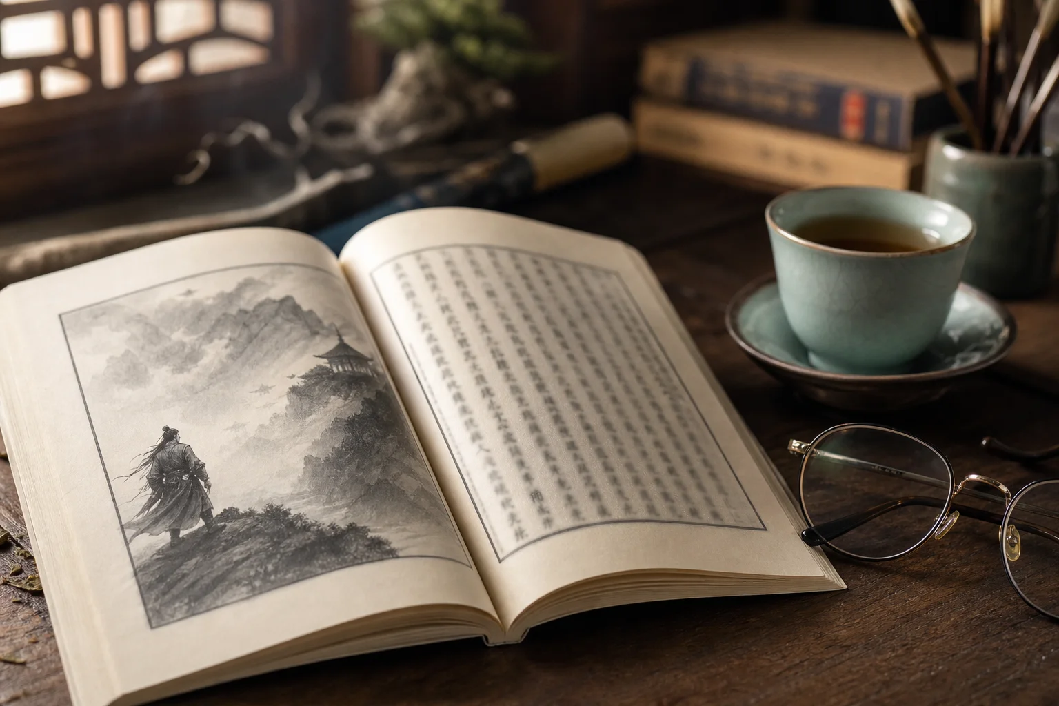 English and Chinese wuxia novel editions beside a cup of tea — entry points for martial-arts fiction