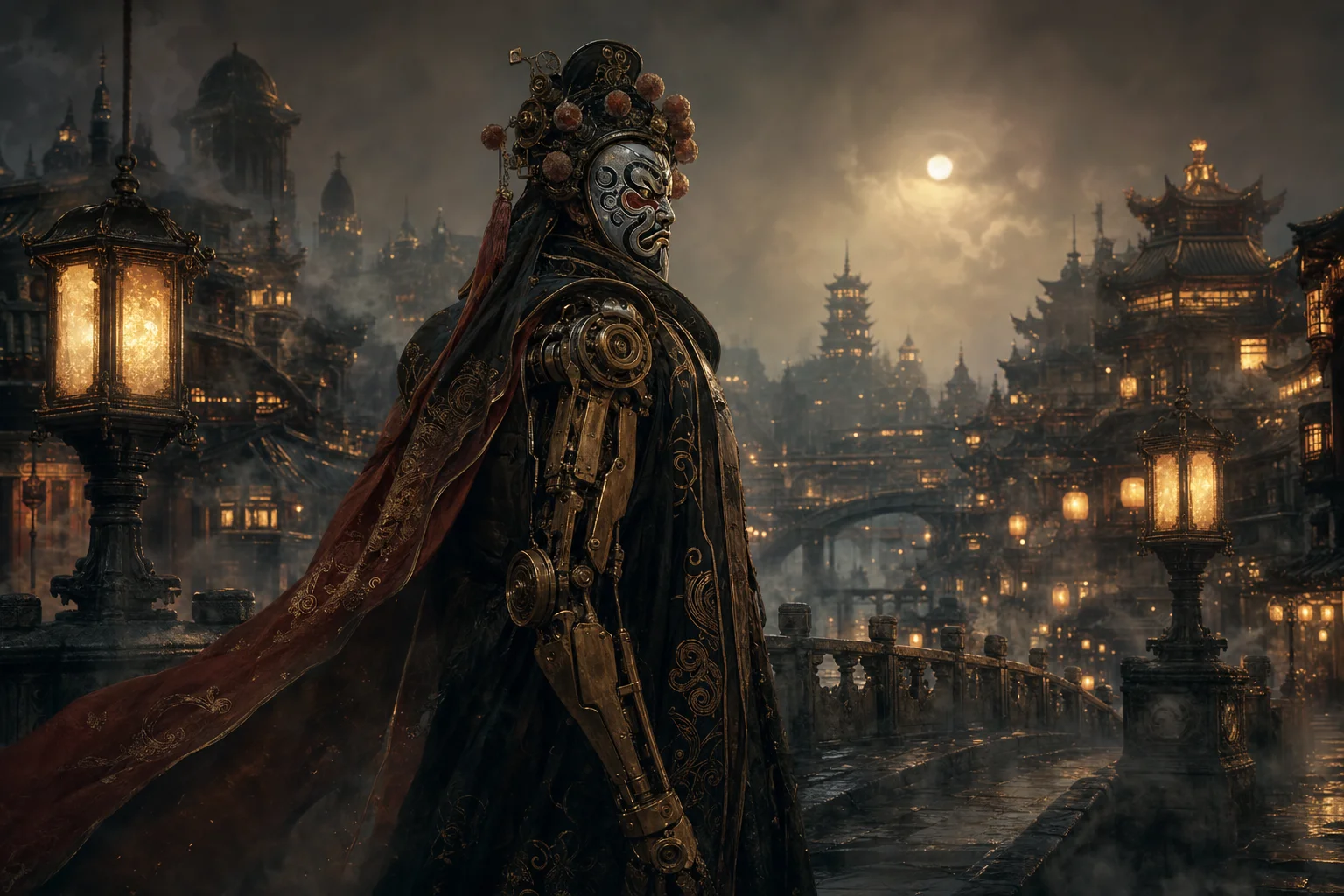 A corrupted martial artist — half traditional armor, half exposed mechanical grafts — looming in steam and shadow