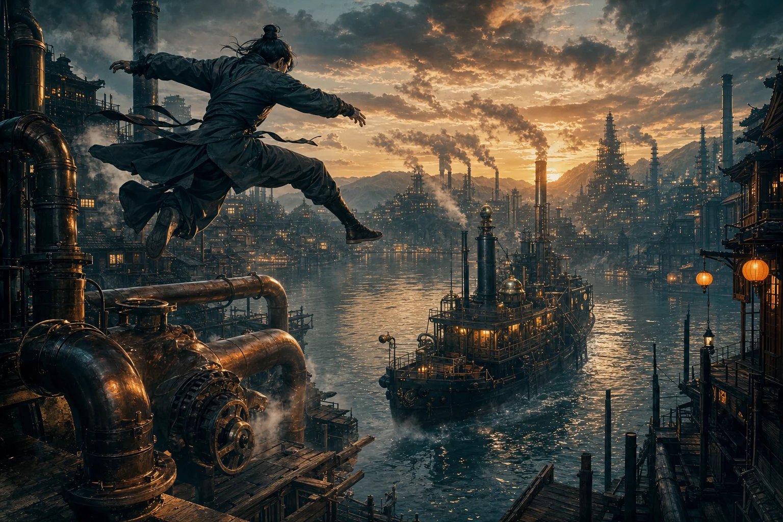 Shadow Realm — a steamship crosses an industrial lake while a martial artist leaps past copper pipes and lantern-lit docks