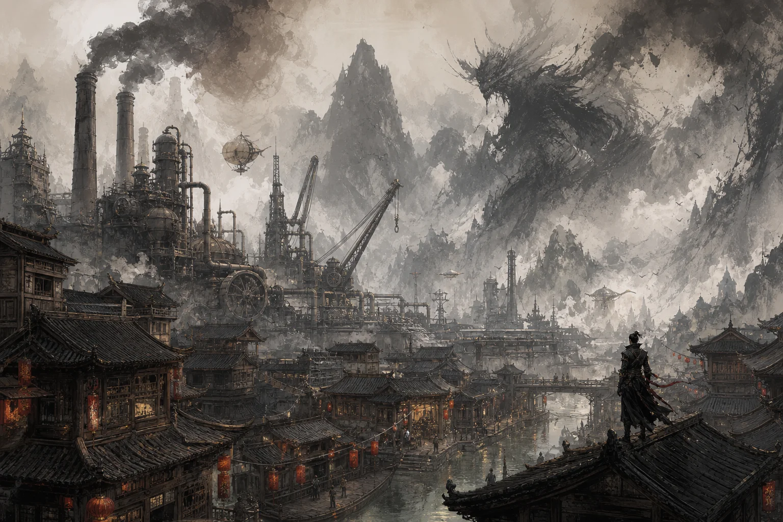 Layered illustration — traditional jianghu town in the foreground, steam machinery in the middle distance, surreal shadow mist beyond